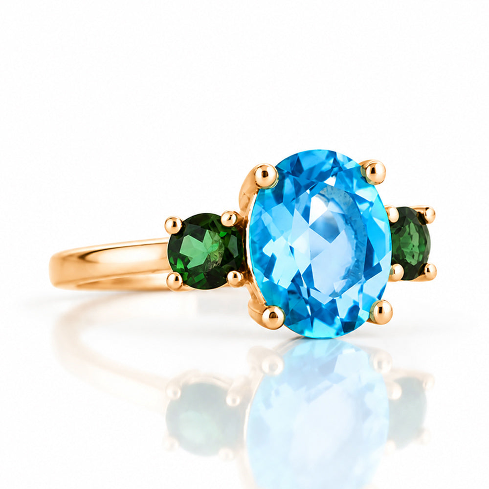 Hallie, a Topaz and Green Tourmaline Oval Trilogy Ring - Victoria's Jewellery