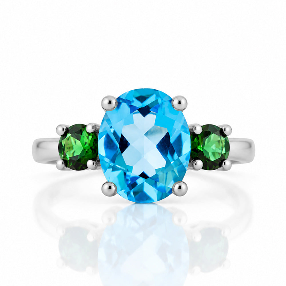 Hallie, a Topaz and Green Tourmaline Oval Trilogy Ring - Victoria's Jewellery