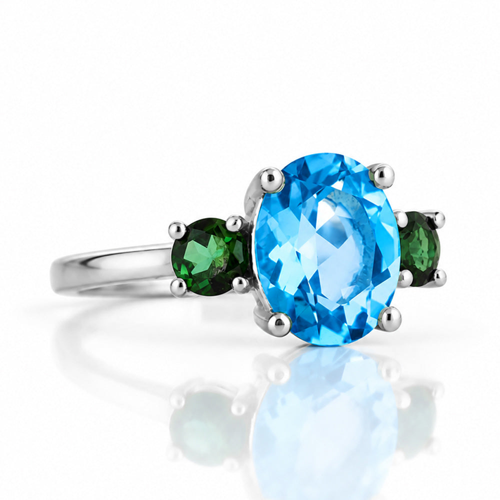 Hallie, a Topaz and Green Tourmaline Oval Trilogy Ring - Victoria's Jewellery