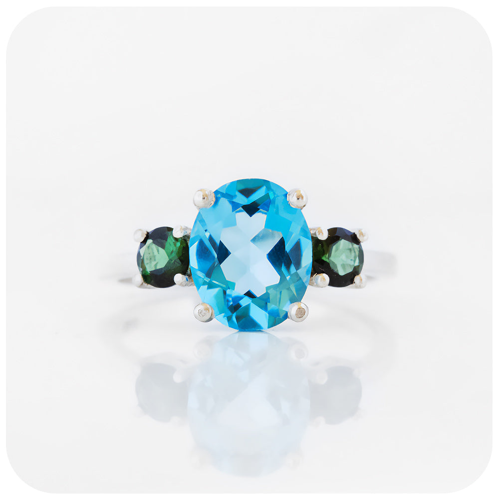 Oval cut Swiss Blue Topaz and Green Tourmaline Anniversary Ring - Victoria's Jewellery