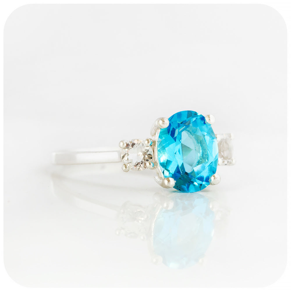 Swiss Blue Topaz and Clear Quartz Trilogy Ring in Sterling Silver