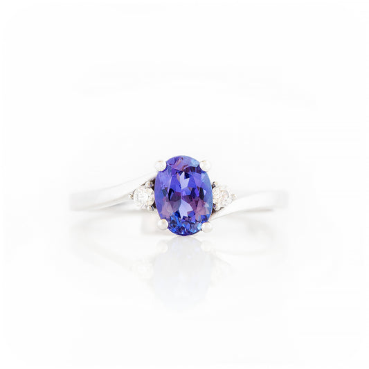 Oval cut Tanzanite and Lab Diamond Trilogy Engagement Ring in White Gold - Victoria's Jewellery