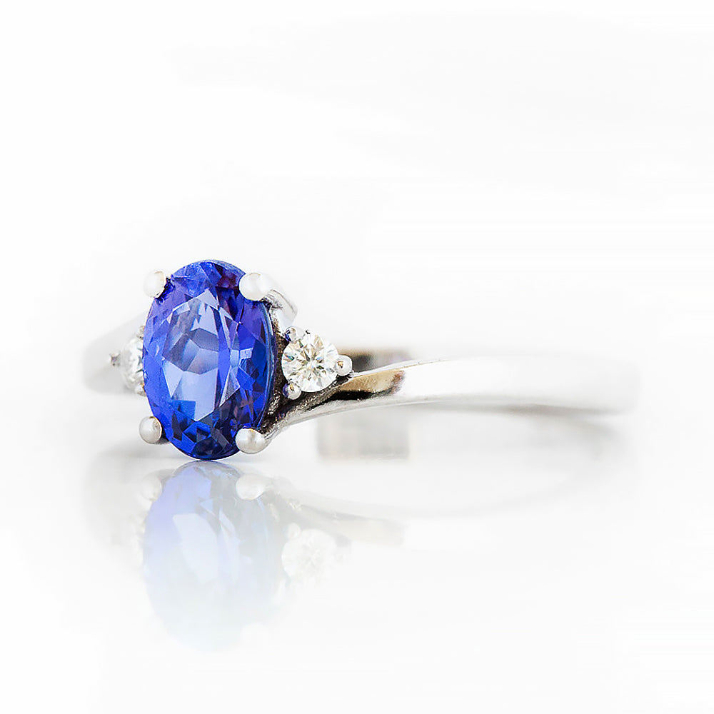 Oval cut Tanzanite and Lab Diamond Trilogy Engagement Ring in White Gold - Victoria's Jewellery