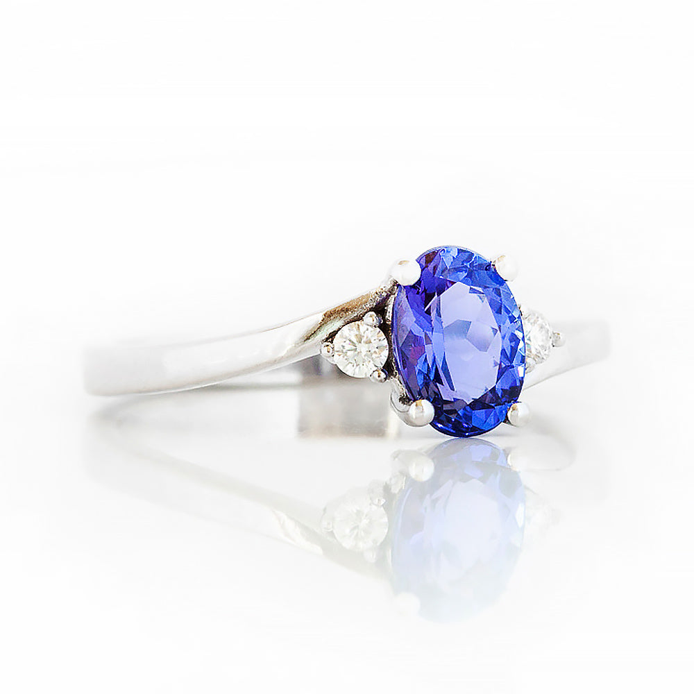 Oval cut Tanzanite and Lab Diamond Trilogy Engagement Ring in White Gold - Victoria's Jewellery