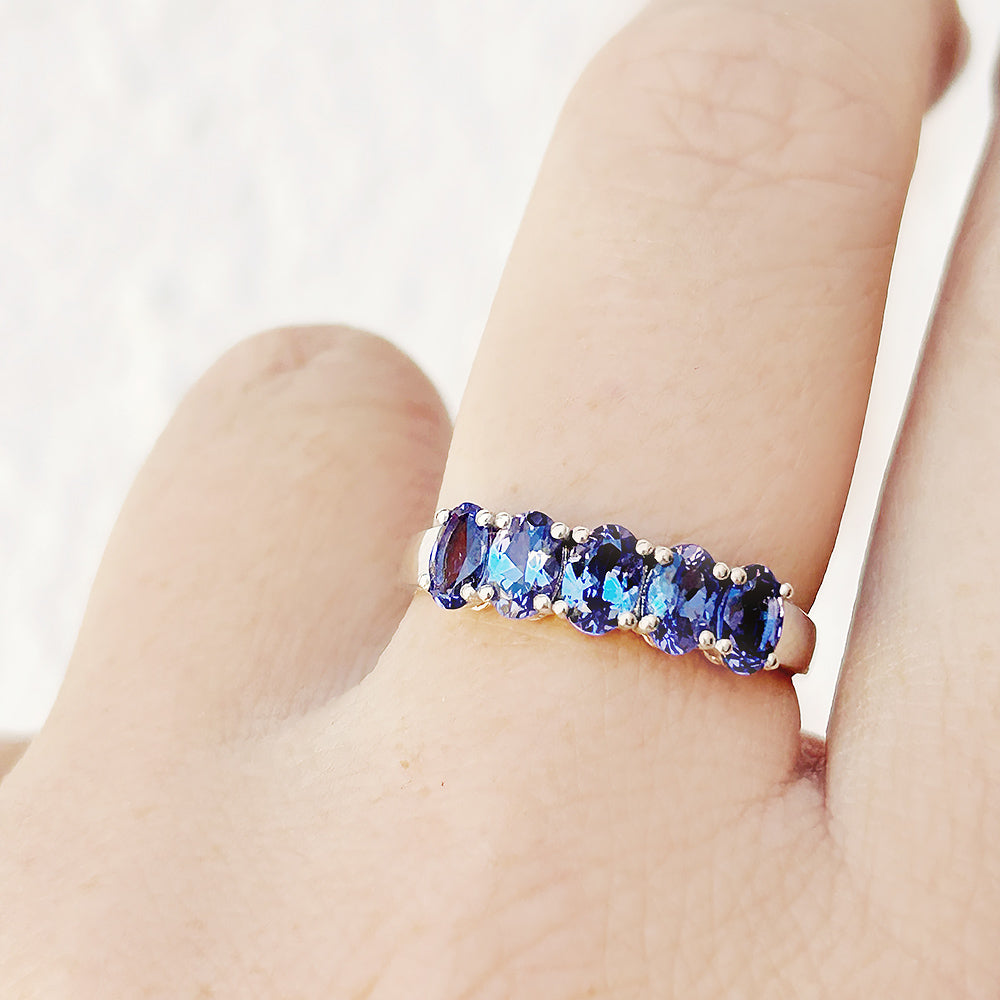 Oval cut Tanzanite half eternity Anniversary Ring in White Gold - Victoria's Jewellery