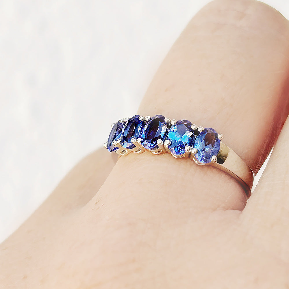 Oval cut Tanzanite half eternity Anniversary Ring in White Gold - Victoria's Jewellery