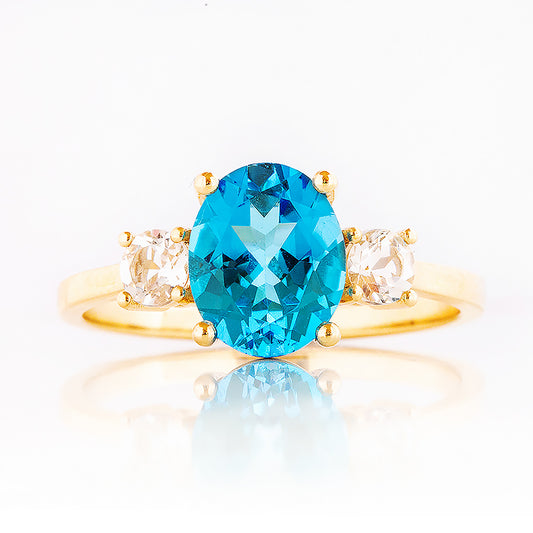 Hallie, a Swiss Blue Topaz and Clear Quartz Trilogy Ring - Victoria's Jewellery