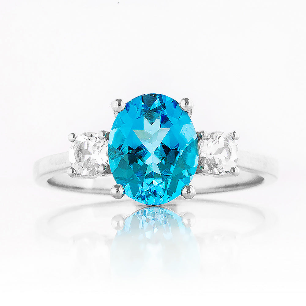 Hallie, a Swiss Blue Topaz and Clear Quartz Trilogy Ring - Victoria's Jewellery