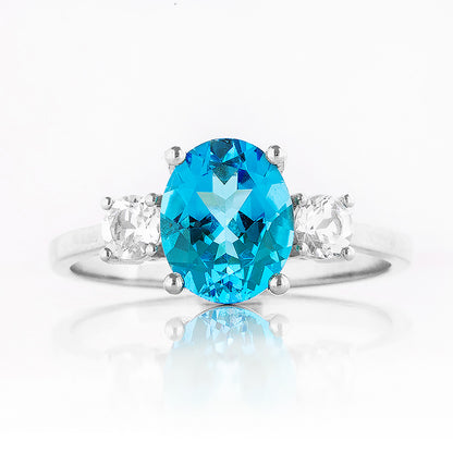 Hallie, a Swiss Blue Topaz and Clear Quartz Trilogy Ring - Victoria's Jewellery