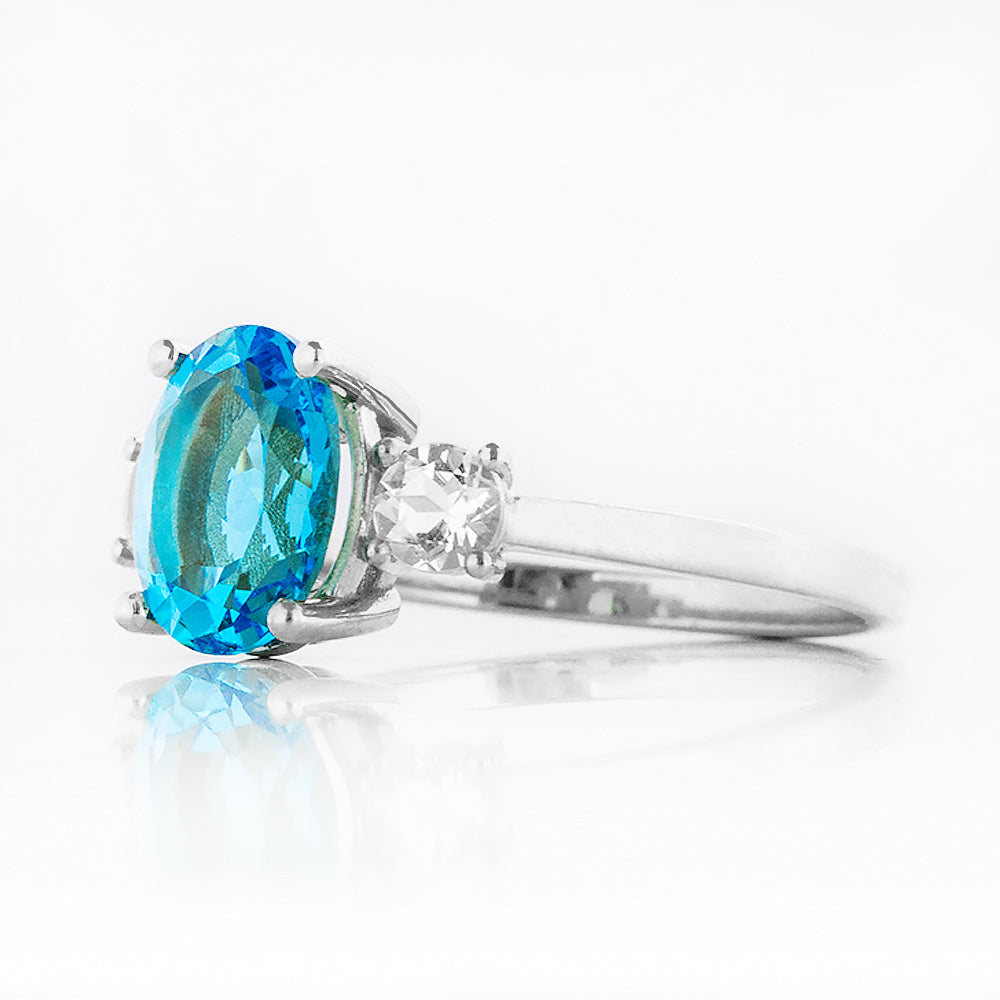 Hallie, a Swiss Blue Topaz and Clear Quartz Trilogy Ring - Victoria's Jewellery