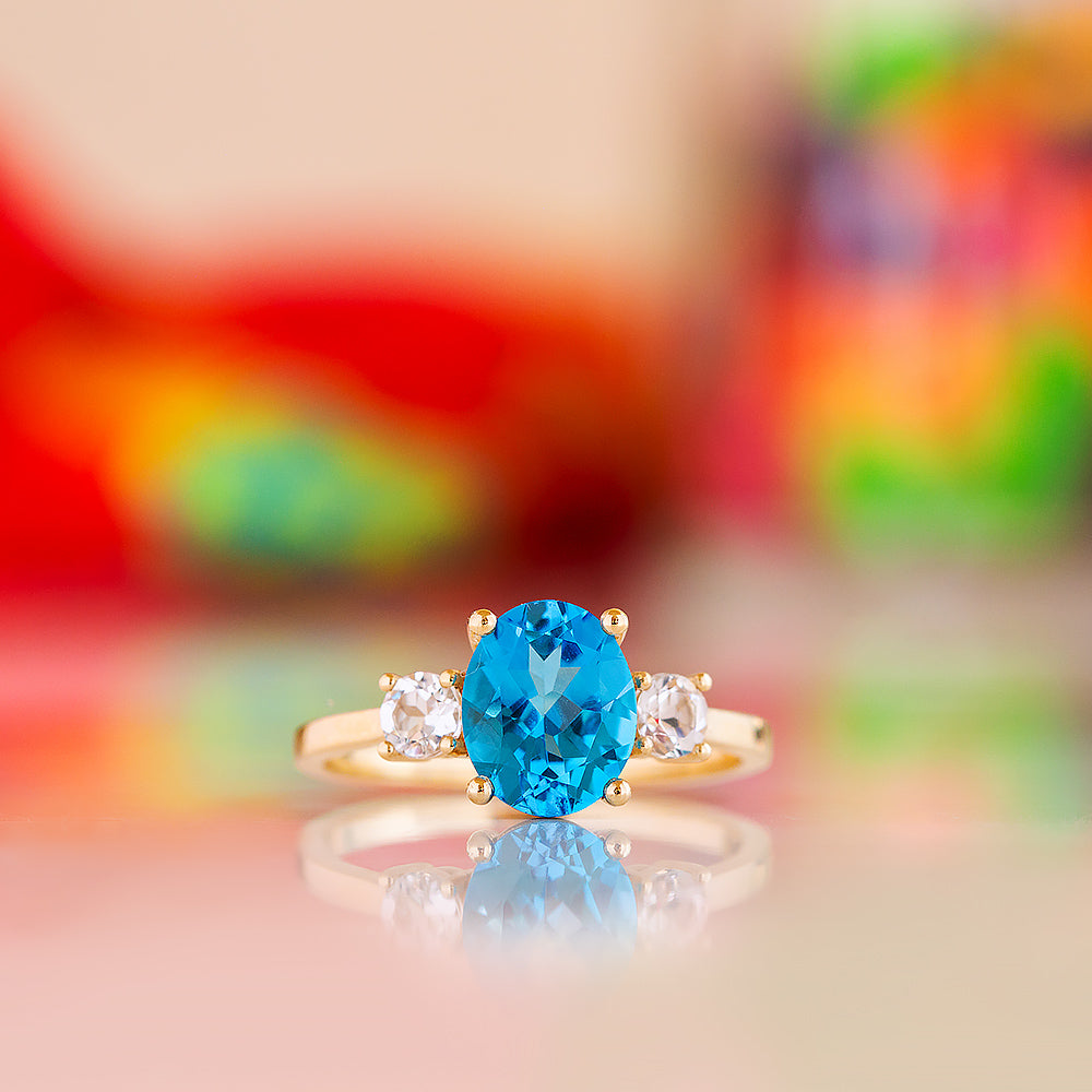 Hallie, a Swiss Blue Topaz and Clear Quartz Trilogy Ring - Victoria's Jewellery