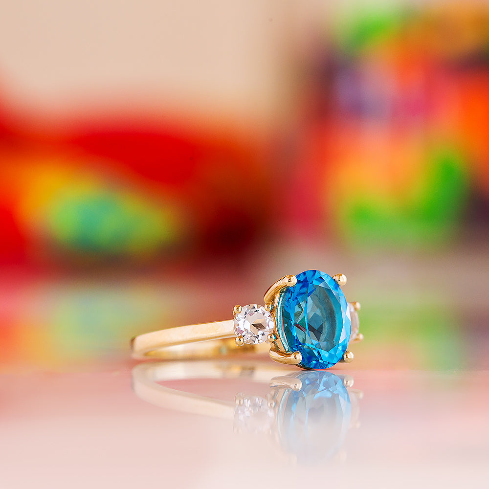 Hallie, a Swiss Blue Topaz and Clear Quartz Trilogy Ring - Victoria's Jewellery