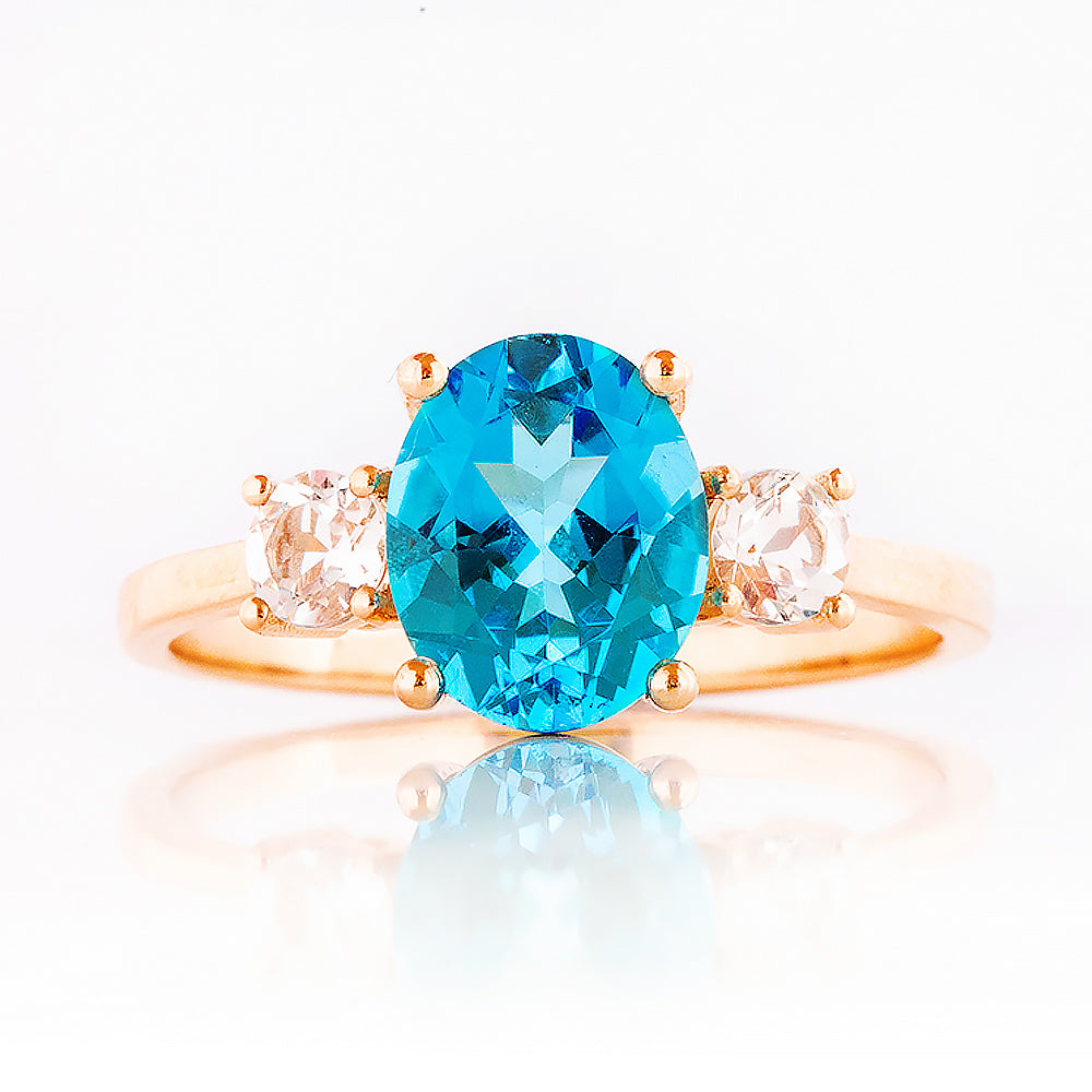 Hallie, a Swiss Blue Topaz and Clear Quartz Trilogy Ring - Victoria's Jewellery