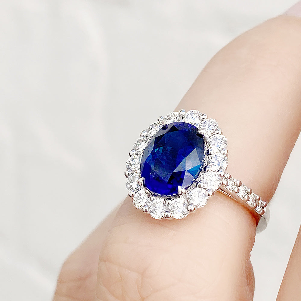 Karmi, oval cut Lab Sapphire and Diamond Ring