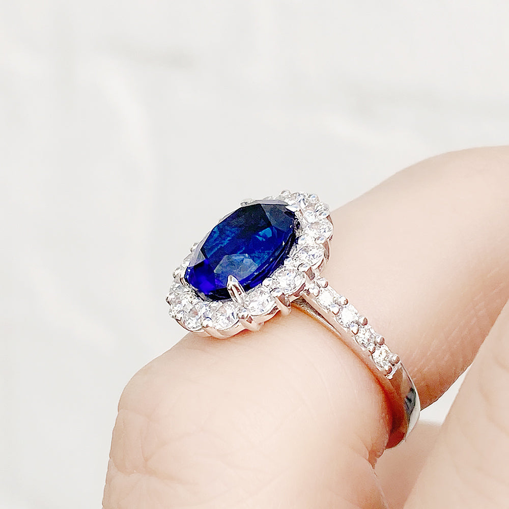 Karmi, oval cut Lab Sapphire and Diamond Ring