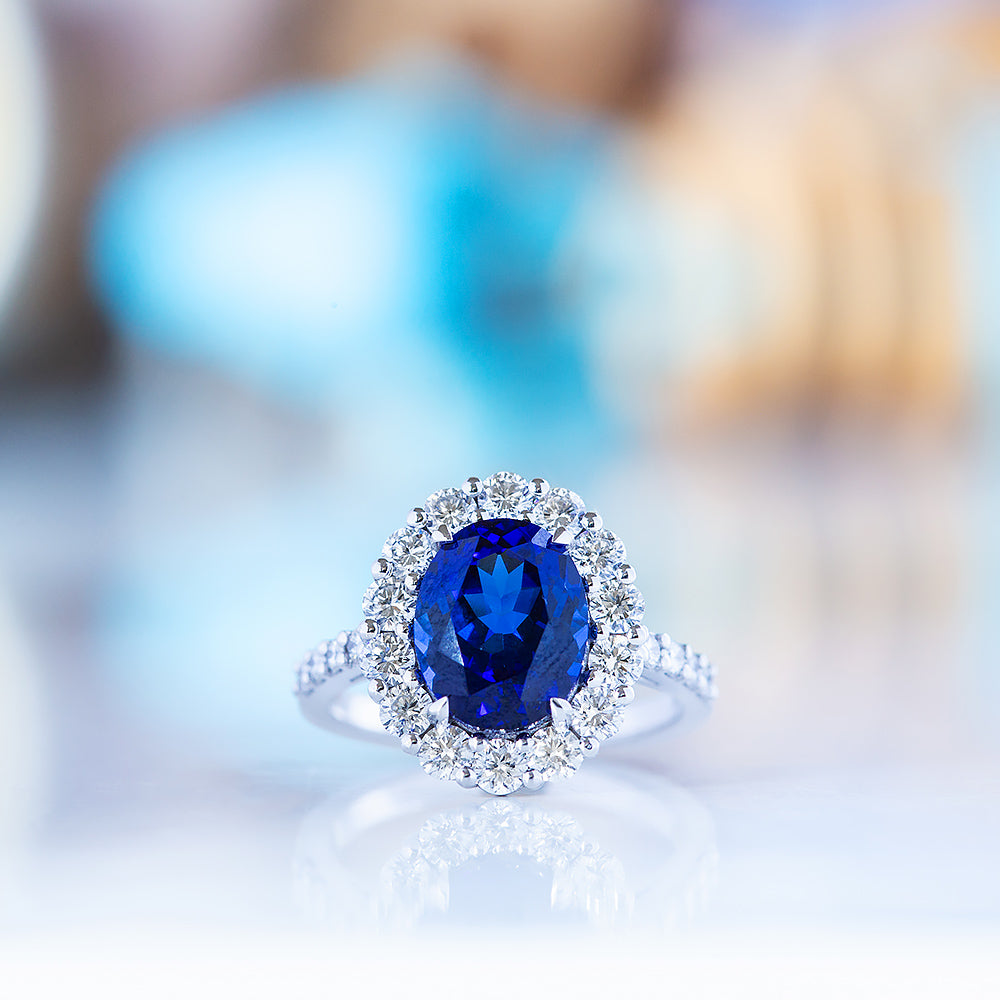 Karmi, oval cut Lab Sapphire and Diamond Ring