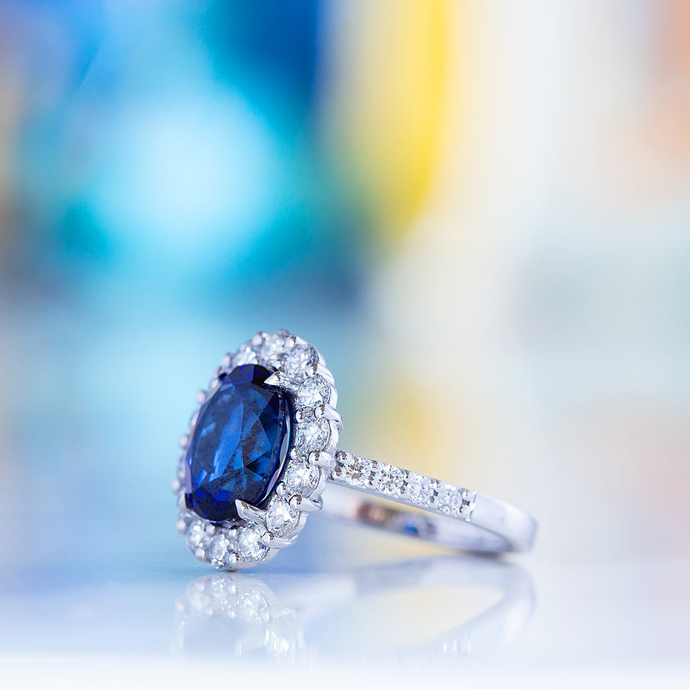Karmi, oval cut Lab Sapphire and Diamond Ring