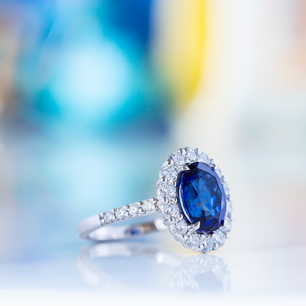 Karmi, oval cut Lab Sapphire and Diamond Ring