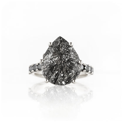 Pear cut Black Rutile Quartz and Moissanite Cocktail Ring - Victoria's Jewellery