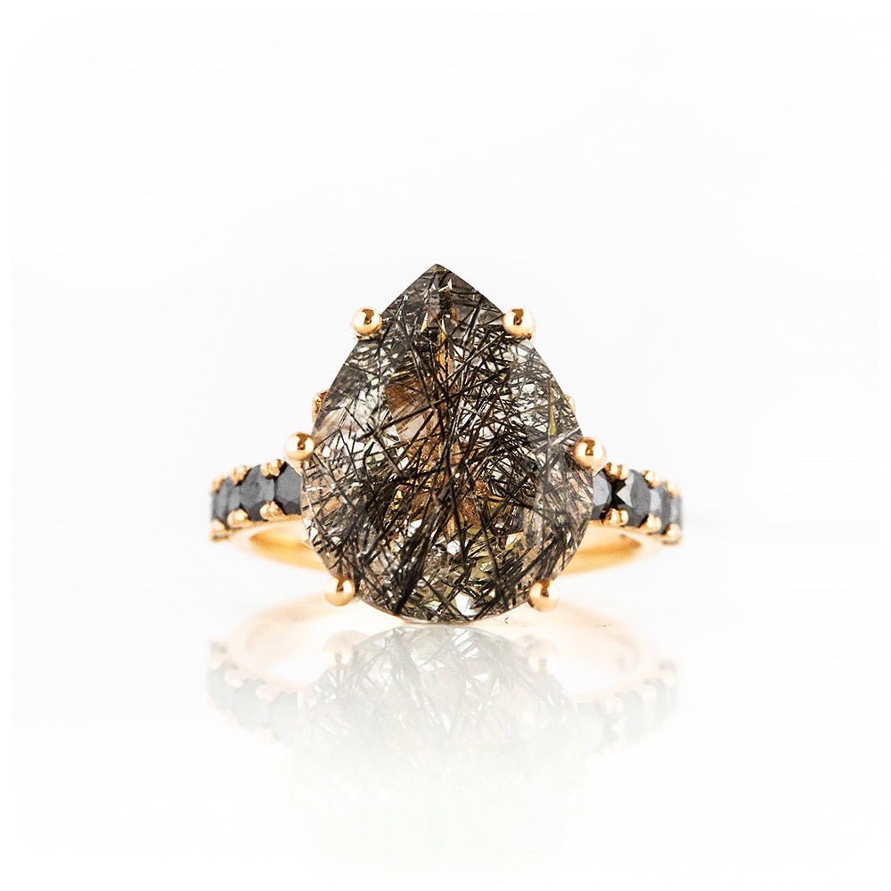 Pear cut Black Rutile Quartz and Moissanite Cocktail Ring - Victoria's Jewellery