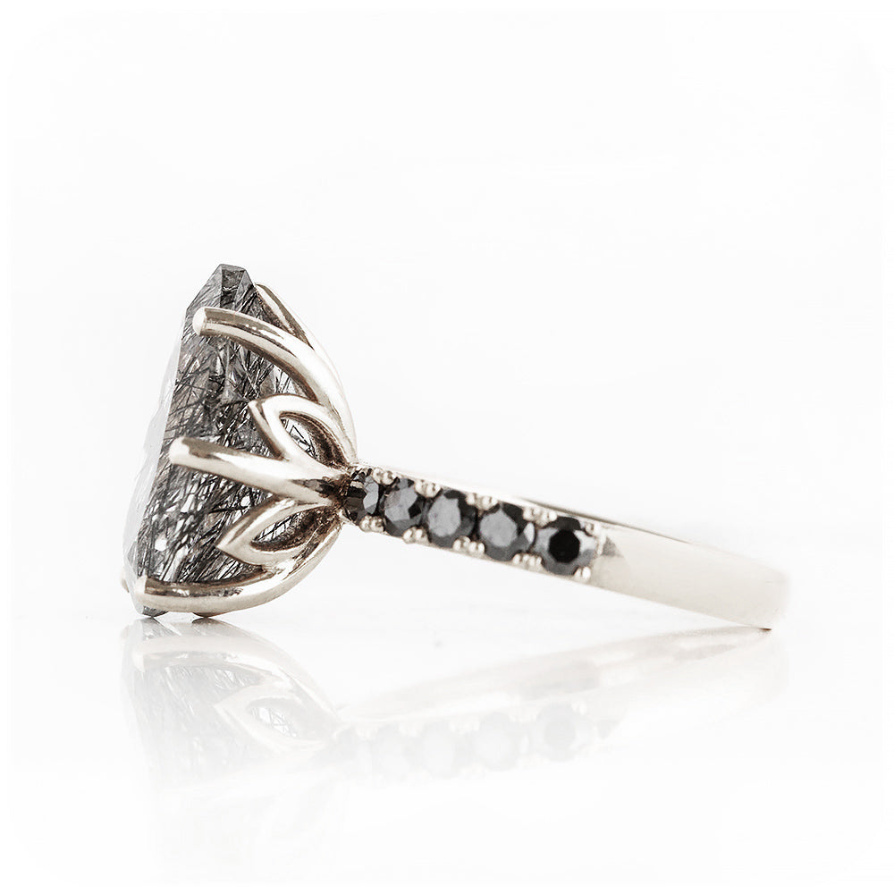 Pear cut Black Rutile Quartz and Moissanite Cocktail Ring - Victoria's Jewellery