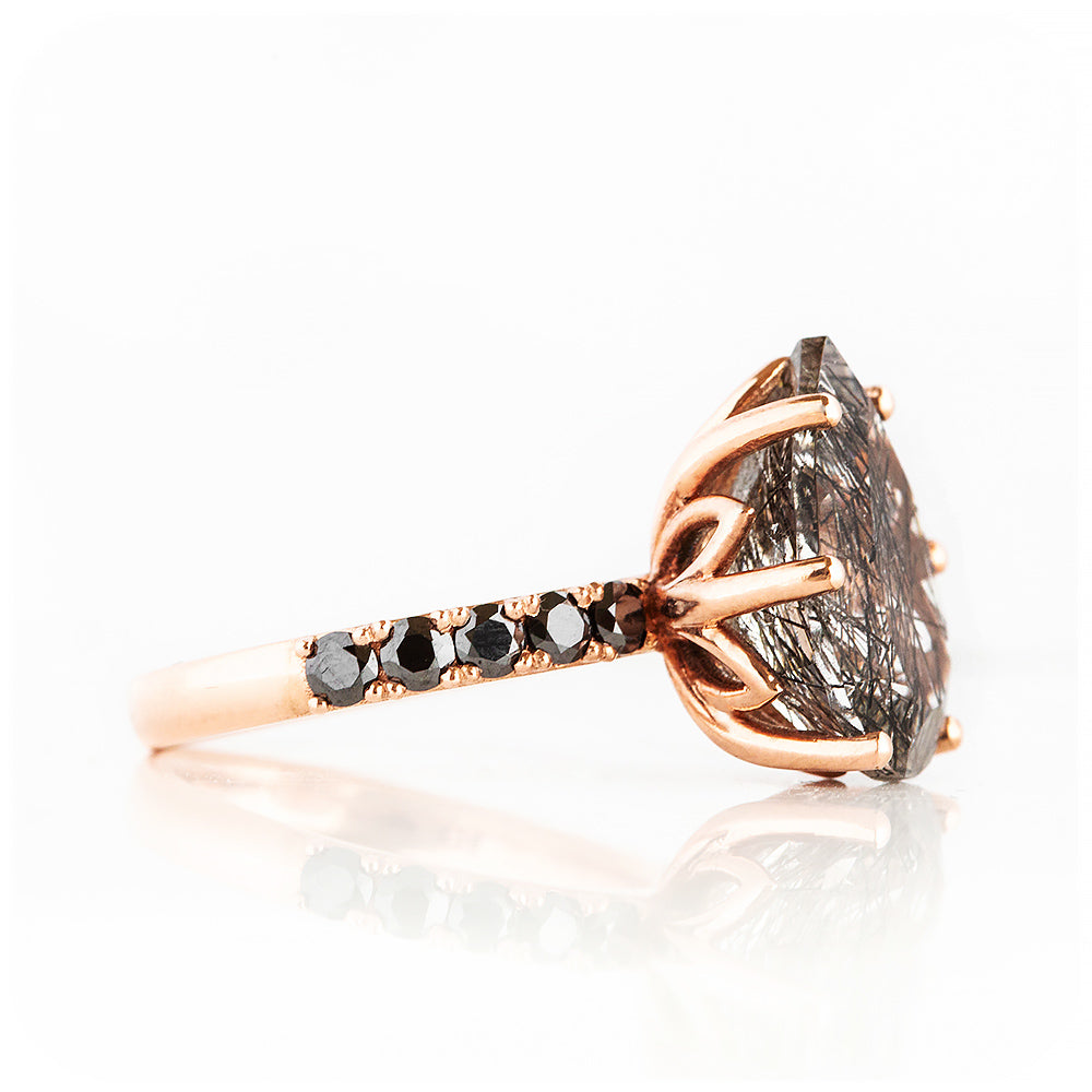 Pear cut Black Rutile Quartz and Moissanite Cocktail Ring - Victoria's Jewellery