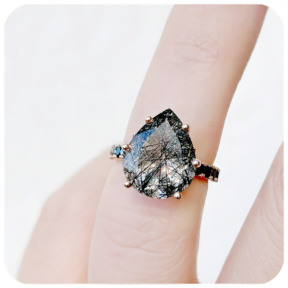 Pear cut Black Rutile Quartz and Moissanite Cocktail Ring - Victoria's Jewellery