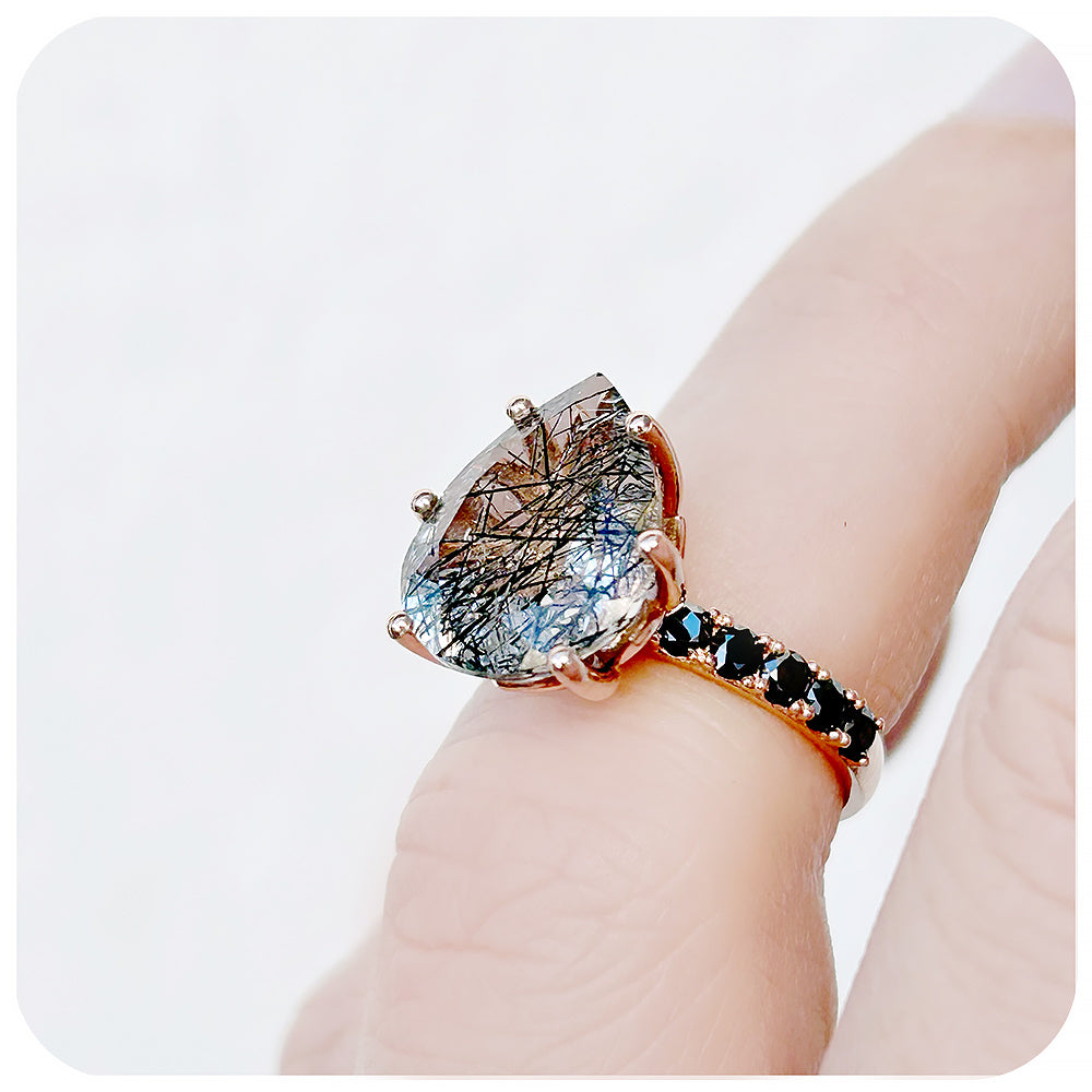 Pear cut Black Rutile Quartz and Moissanite Cocktail Ring - Victoria's Jewellery