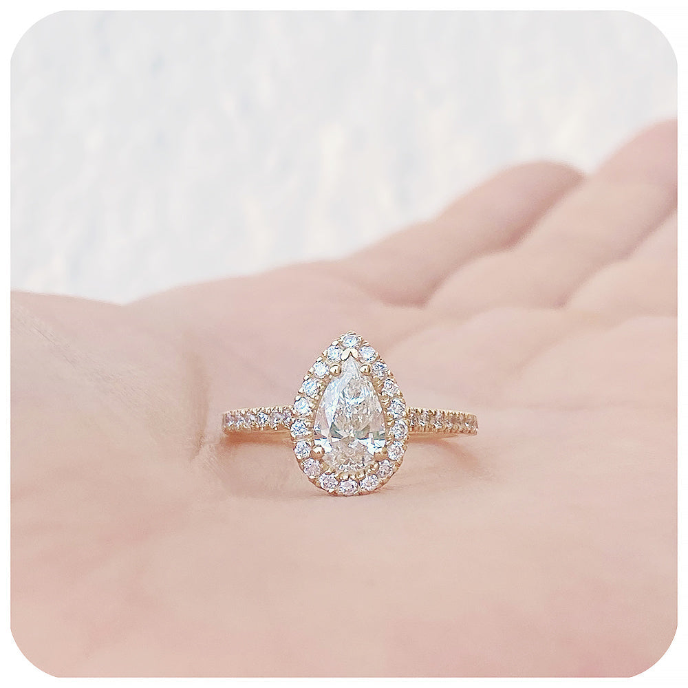 Pear cut Moissanite Halo Engagement Wedding Ring - Victoria's Jewellery