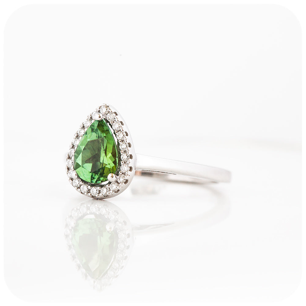 Green Tourmaline and Moissanite Halo Engagement Ring