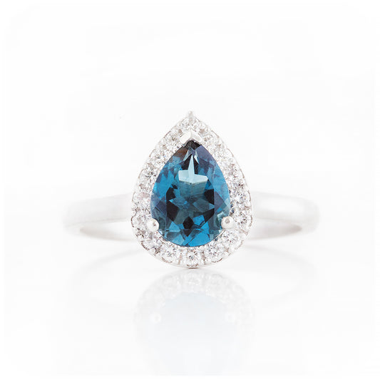 Pear cut London Blue Topaz and Diamond Halo Engagement Ring - Victoria's Jewellery