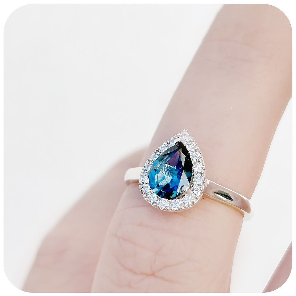 Pear cut London Blue Topaz and Diamond Halo Engagement Ring - Victoria's Jewellery