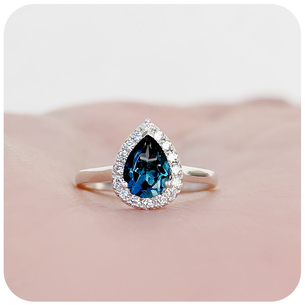 Pear cut London Blue Topaz and Diamond Halo Engagement Ring - Victoria's Jewellery