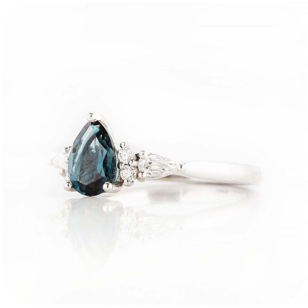 Pear cut London Blue Topaz and Moissanite Engagement Ring - Victoria's Jewellery