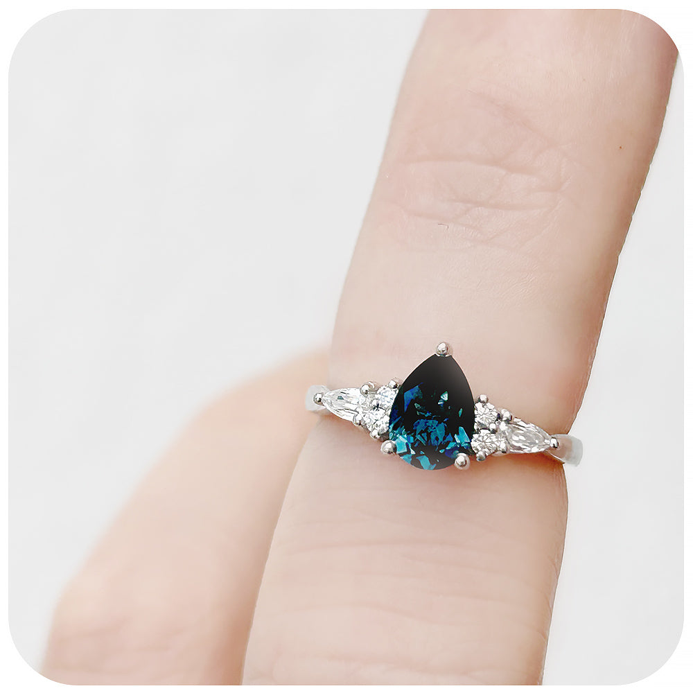 Pear cut London Blue Topaz and Moissanite Engagement Ring - Victoria's Jewellery