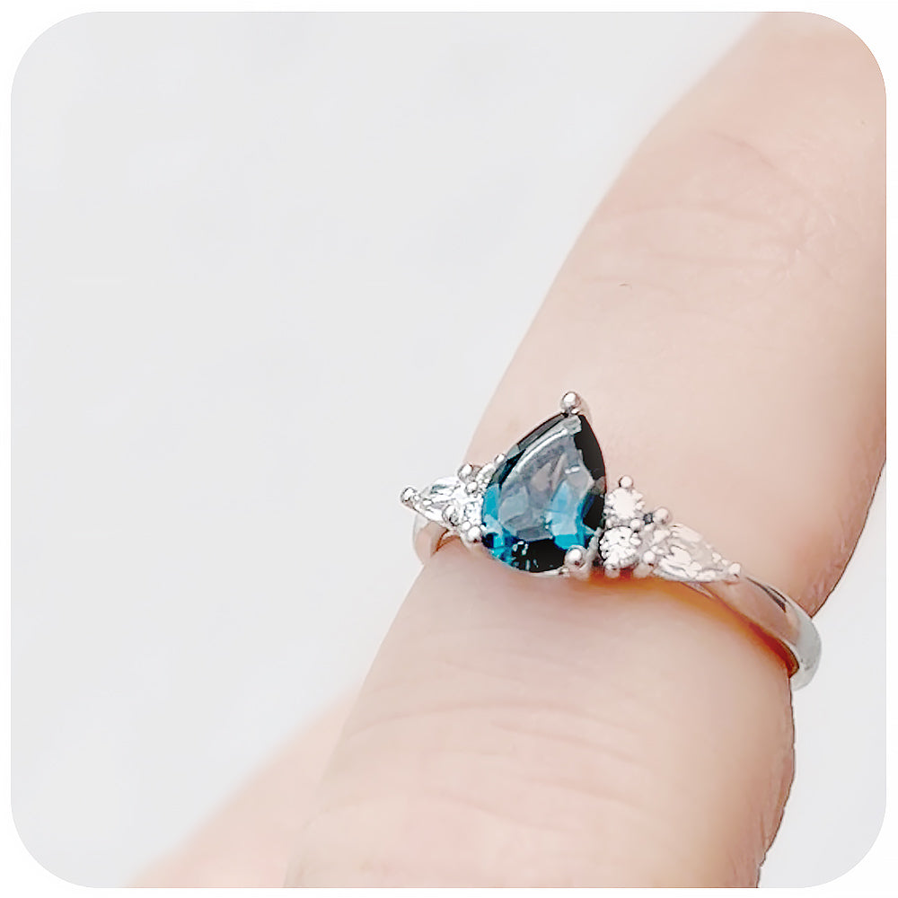 Pear cut London Blue Topaz and Moissanite Engagement Ring - Victoria's Jewellery