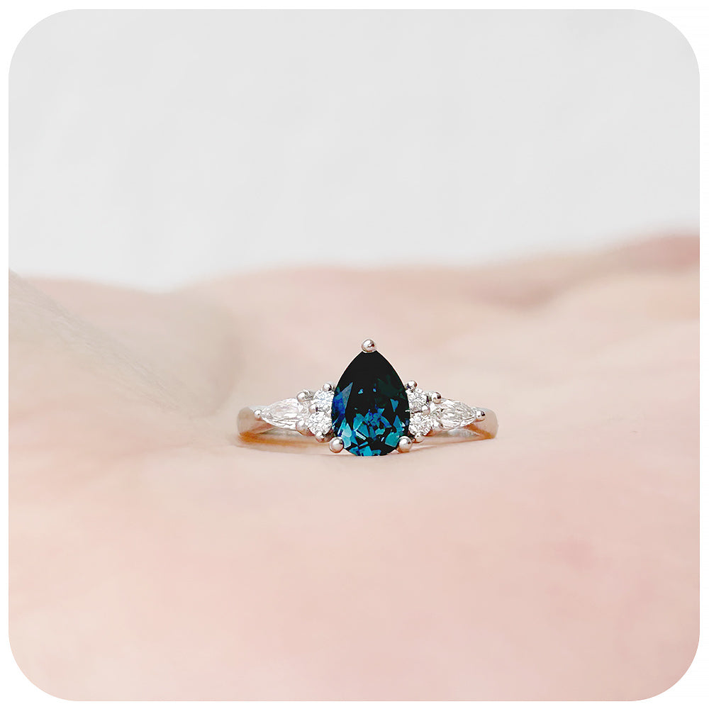 Pear cut London Blue Topaz and Moissanite Engagement Ring - Victoria's Jewellery