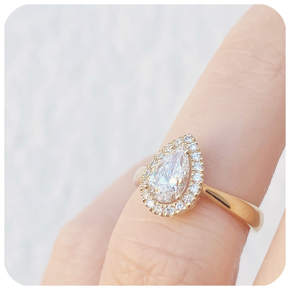 Pear cut Moissanite Halo Engagement Ring - Victoria's Jewellery