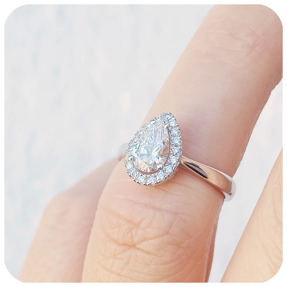 Pear cut Moissanite Halo Engagement Ring - Victoria's Jewellery