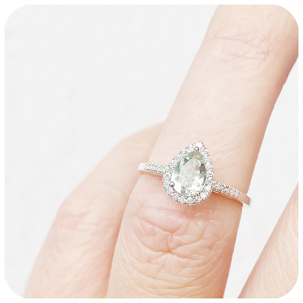 Pear cut Prasiolite and Lab Grown Diamond Halo Engagement Ring - Victoria's Jewellery