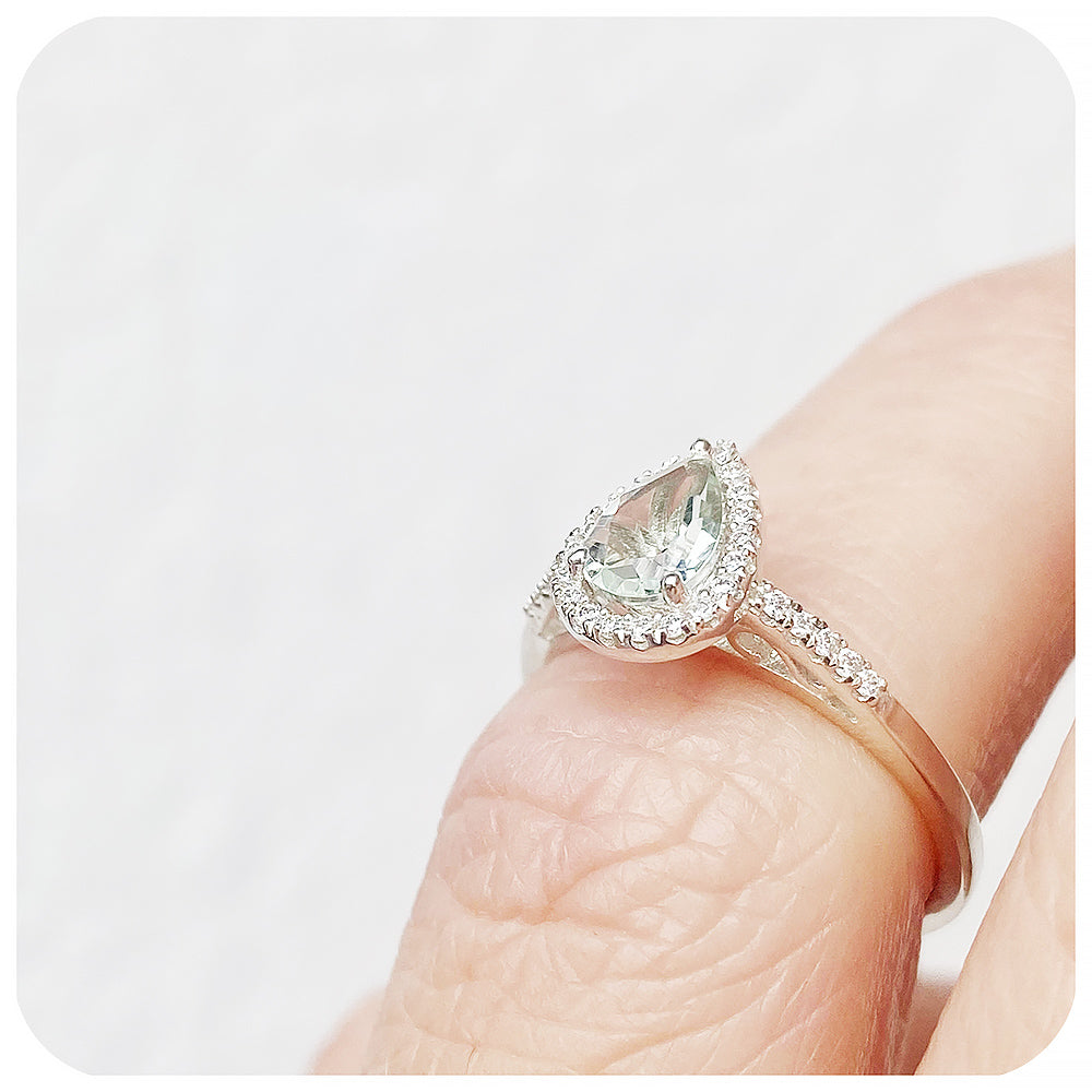 Pear cut Prasiolite and Lab Grown Diamond Halo Engagement Ring - Victoria's Jewellery