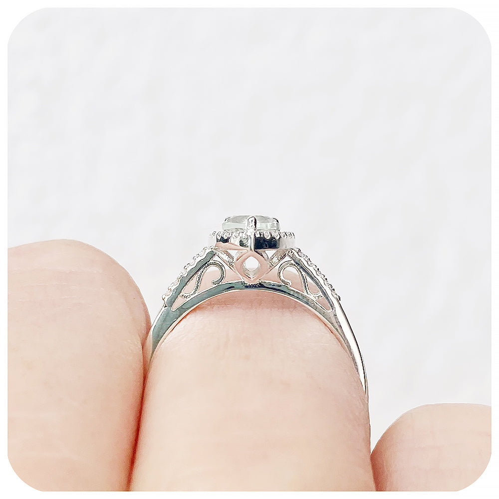 Pear cut Prasiolite and Lab Grown Diamond Halo Engagement Ring - Victoria's Jewellery