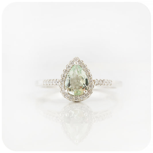 Pear cut Prasiolite and Lab Grown Diamond Halo Engagement Ring - Victoria's Jewellery
