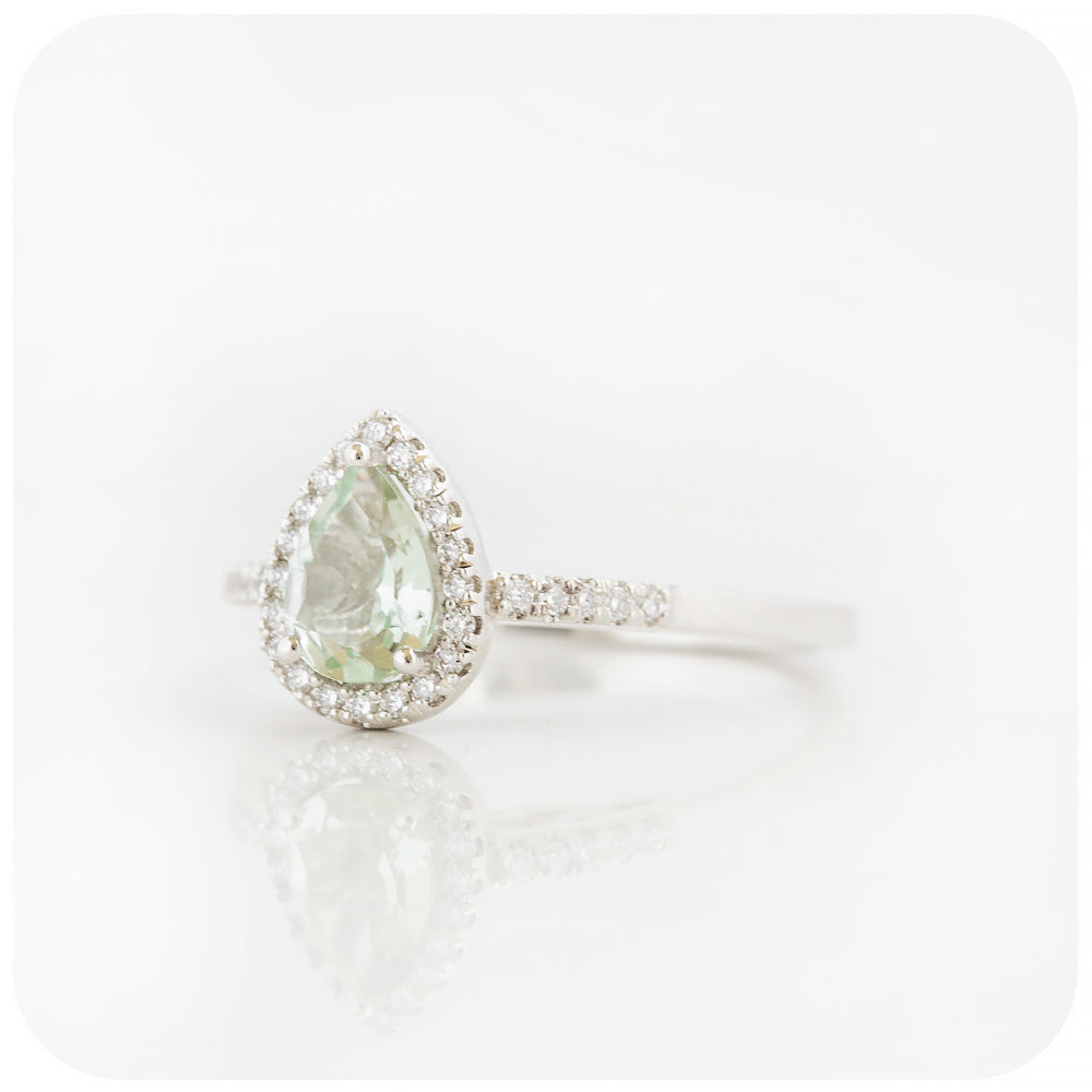 Pear cut Prasiolite and Lab Grown Diamond Halo Engagement Ring - Victoria's Jewellery