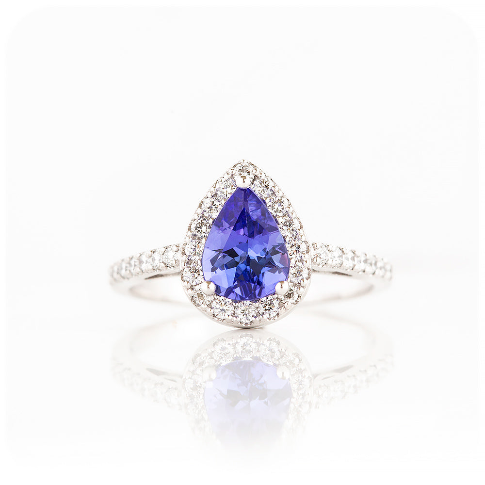 Pear cut Tanzanite and White Diamond Halo Filigree Engagement Ring - Victoria's Jewellery