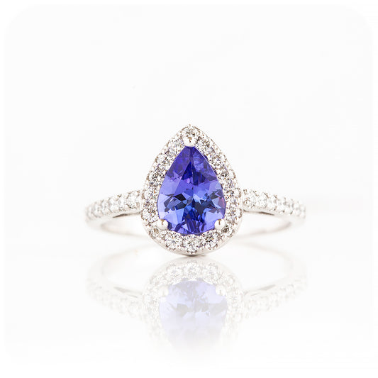 Pear cut Tanzanite and White Diamond Halo Filigree Engagement Ring - Victoria's Jewellery
