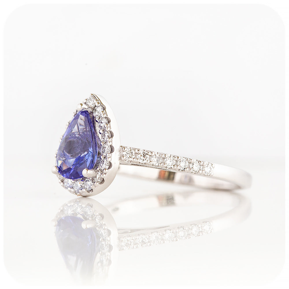 Pear cut Tanzanite and White Diamond Halo Filigree Engagement Ring - Victoria's Jewellery