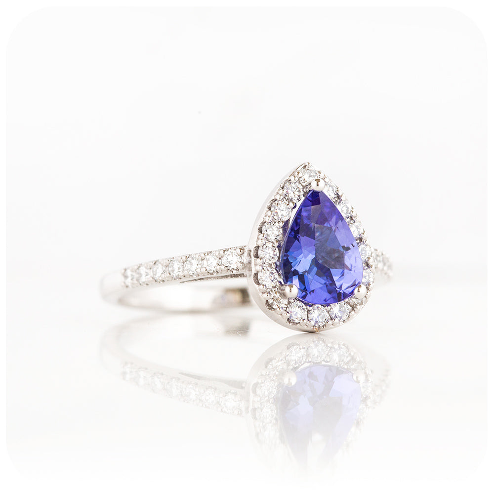 Pear cut Tanzanite and White Diamond Halo Filigree Engagement Ring - Victoria's Jewellery