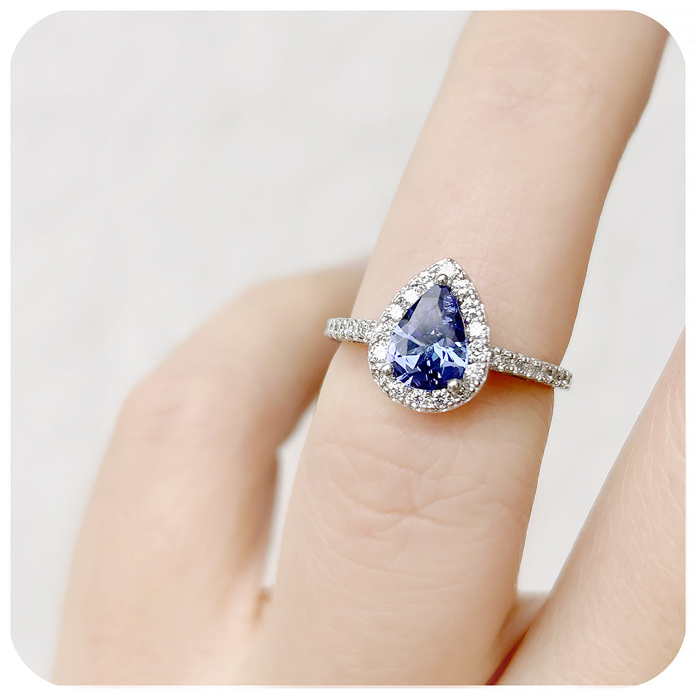 Pear cut Tanzanite and White Diamond Halo Filigree Engagement Ring - Victoria's Jewellery