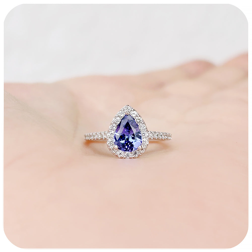 Pear cut Tanzanite and White Diamond Halo Filigree Engagement Ring - Victoria's Jewellery